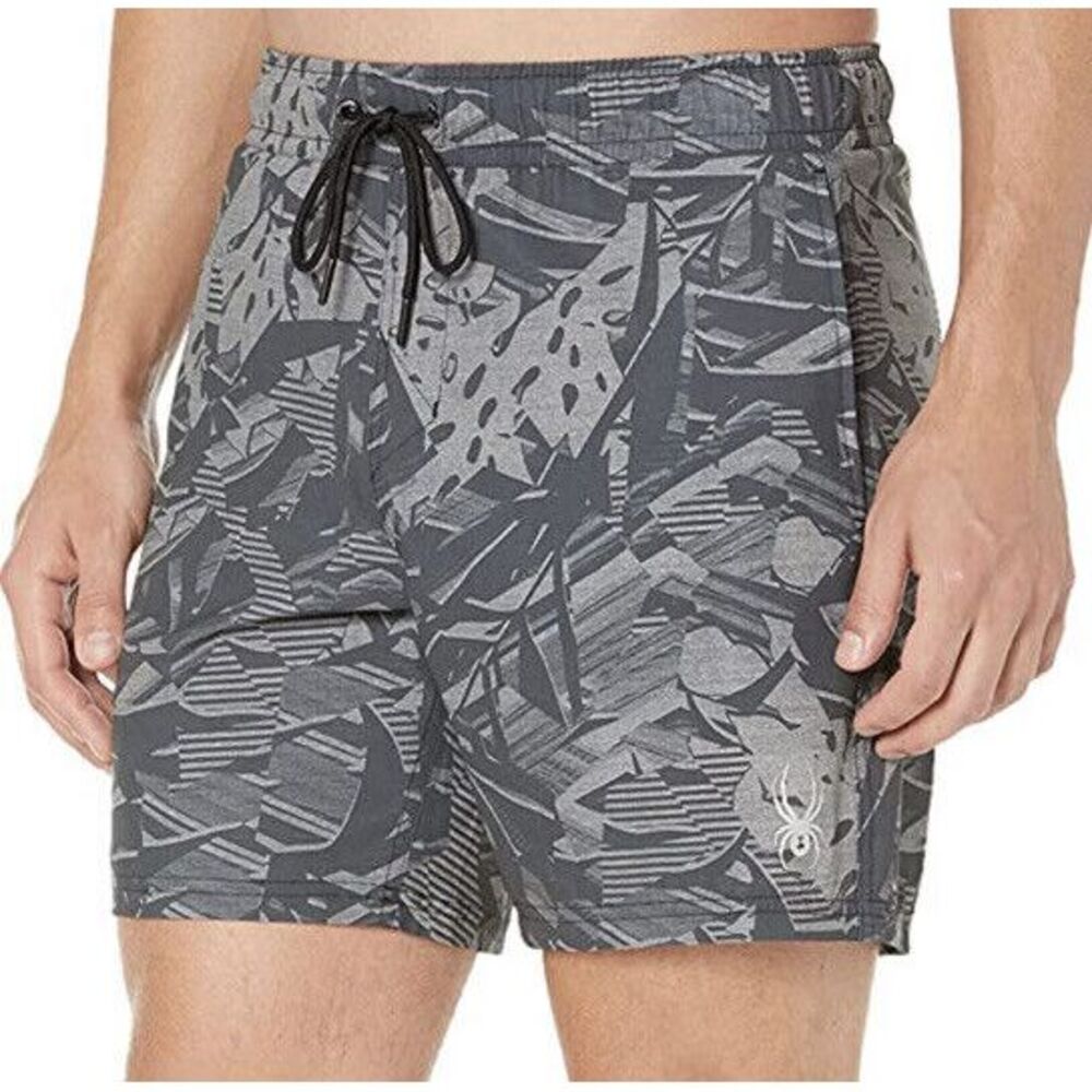 New Spyder Swim Men's 7" Palm Print Volley Trunks Shorts Lined Black S923026 M
